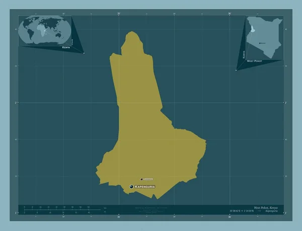 西ポコット ケニアの郡 しっかりした色の形 地域の主要都市の位置と名前 コーナー補助位置図 — ストック写真