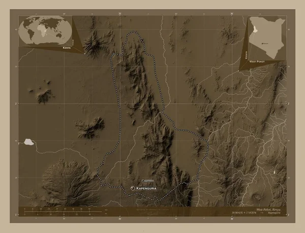 Западный Покот Округ Кения Карта Высоты Окрашенная Сепиевые Тона Озерами — стоковое фото