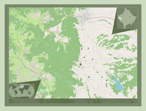 Decan Municipality Kosovo 开放街道地图 该区域主要城市的所在地点 角辅助位置图 — 图库照片