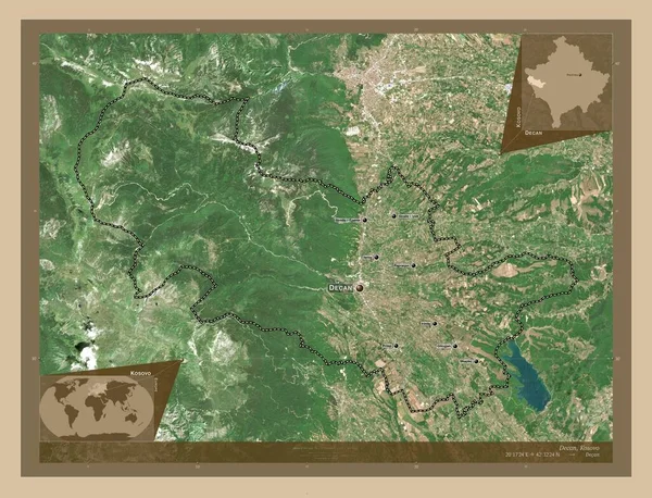 デカン コソボの自治体 低解像度衛星地図 地域の主要都市の位置と名前 コーナー補助位置図 — ストック写真