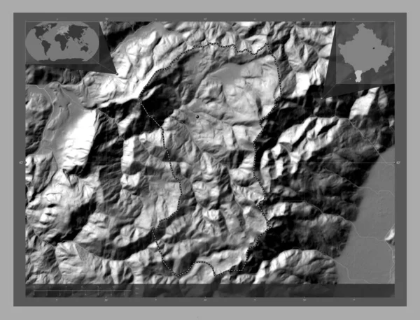 ドラッシュ コソボの自治体 湖や川と二階の標高マップ 地域の主要都市の場所 コーナー補助位置図 — ストック写真