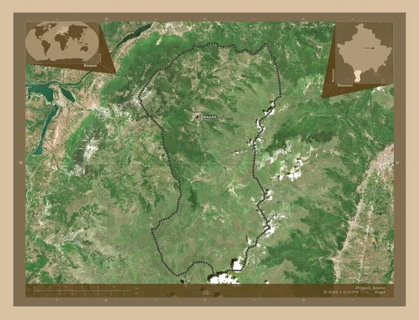 Dragash 科索沃市 低分辨率卫星地图 该区域主要城市的地点和名称 角辅助位置图 — 图库照片