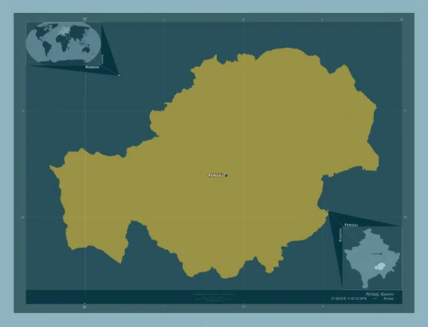 コソボの自治体であるフェリザジ しっかりした色の形 地域の主要都市の位置と名前 コーナー補助位置図 — ストック写真