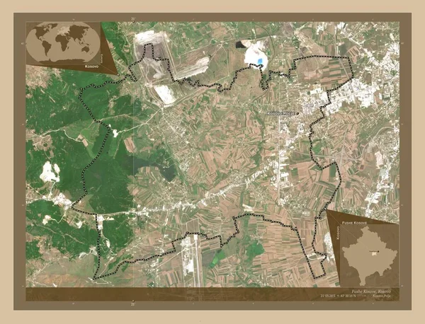 コソボの自治体であるフシ コソフ 低解像度衛星地図 地域の主要都市の位置と名前 コーナー補助位置図 — ストック写真