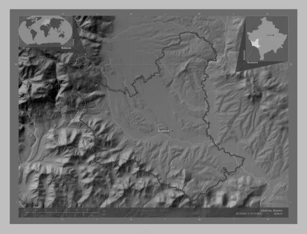 Gjakova Gmina Kosowa Mapa Wzniesień Skali Szarości Jeziorami Rzekami Lokalizacje — Zdjęcie stockowe