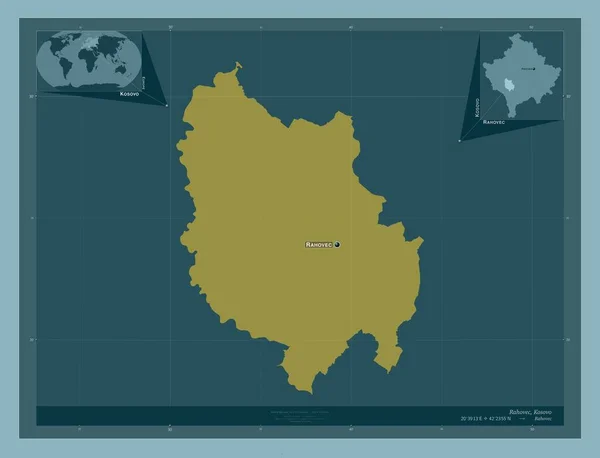 Rahovec 科索沃市 固体的颜色形状 该区域主要城市的地点和名称 角辅助位置图 — 图库照片
