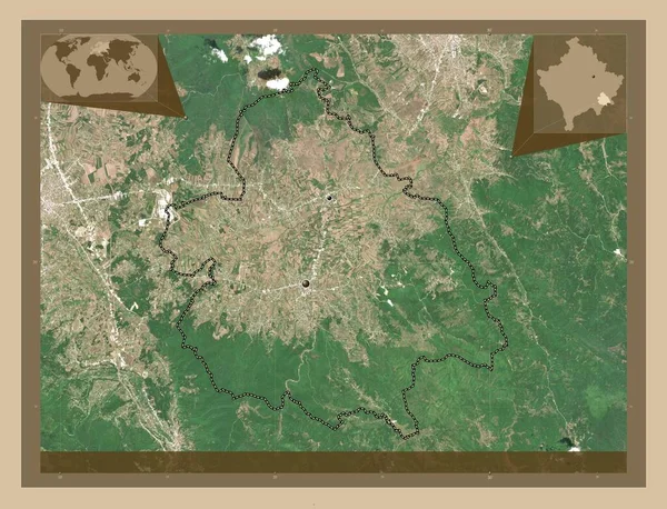 Vitia Municipality Kosovo 低分辨率卫星地图 该区域主要城市的所在地点 角辅助位置图 — 图库照片