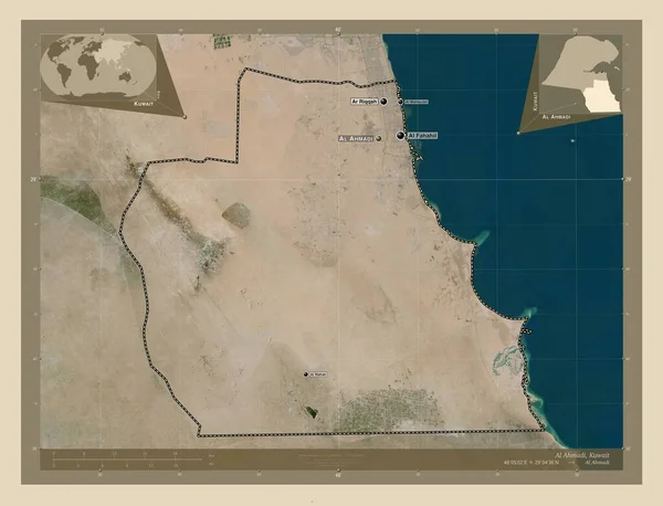 クウェートのアル アフマディー州 高解像度衛星地図 地域の主要都市の位置と名前 コーナー補助位置図 — ストック写真
