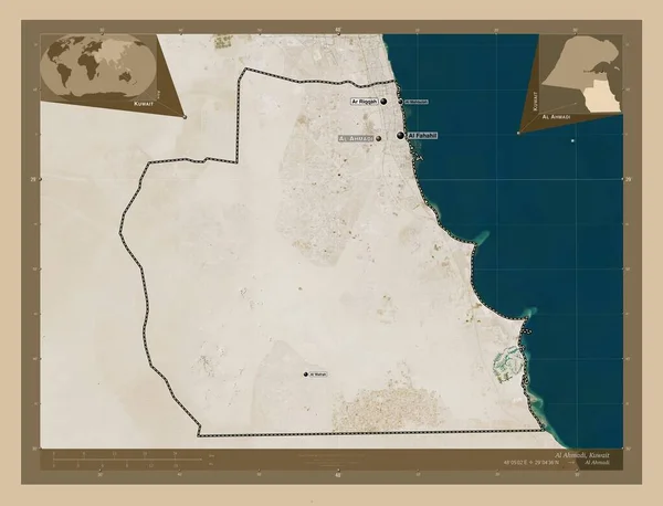 Ahmadi Province Kuwait 低分辨率卫星地图 该区域主要城市的地点和名称 角辅助位置图 — 图库照片