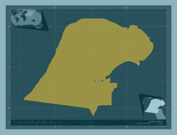 クウェート国アル ジャラー しっかりした色の形 地域の主要都市の位置と名前 コーナー補助位置図 — ストック写真
