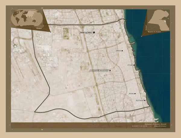 Mubarak Kabeer 科威特省 低分辨率卫星地图 该区域主要城市的地点和名称 角辅助位置图 — 图库照片