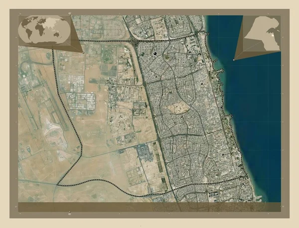 Mubarak Kabeer 科威特省 高分辨率卫星地图 该区域主要城市的所在地点 角辅助位置图 — 图库照片