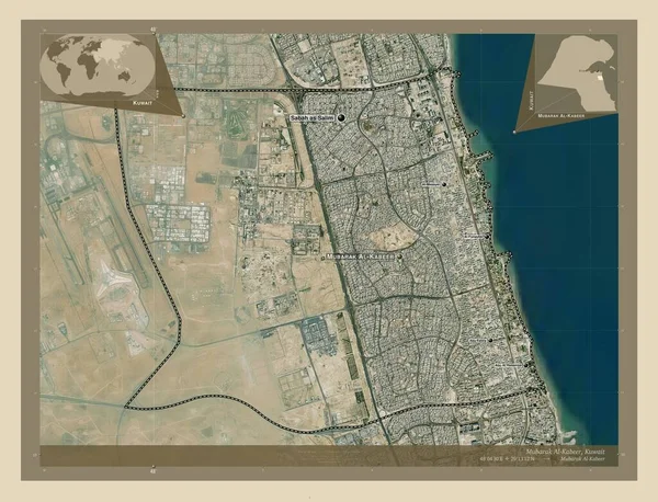 Mubarak Kabeer 科威特省 高分辨率卫星地图 该区域主要城市的地点和名称 角辅助位置图 — 图库照片