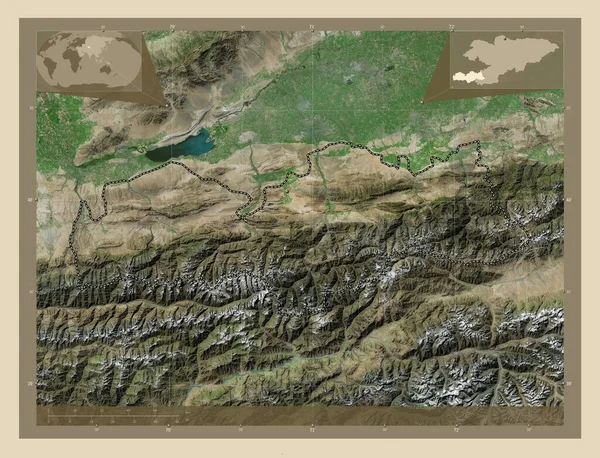 吉尔吉斯斯坦巴肯省 高分辨率卫星地图 角辅助位置图 — 图库照片