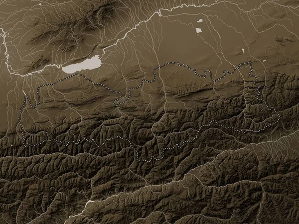 吉尔吉斯斯坦巴肯省 带有湖泊和河流的深紫色色调的高程图 — 图库照片