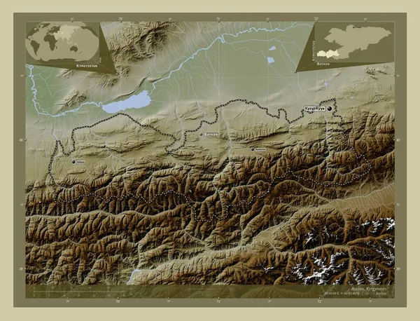 吉尔吉斯斯坦巴肯省 用Wiki风格绘制的带有湖泊和河流的高程地图 该区域主要城市的地点和名称 角辅助位置图 — 图库照片