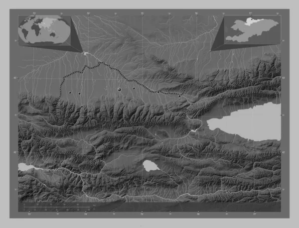 Chuy Provinz Kirgisistan Graustufen Höhenkarte Mit Seen Und Flüssen Standorte — Stockfoto