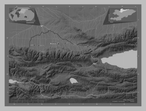 Chuy Province Kirghizistan Carte Altitude Niveaux Gris Avec Lacs Rivières — Photo