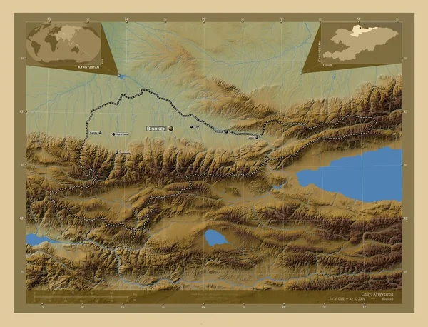 吉尔吉斯斯坦省 有湖泊和河流的彩色高程图 该区域主要城市的地点和名称 角辅助位置图 — 图库照片