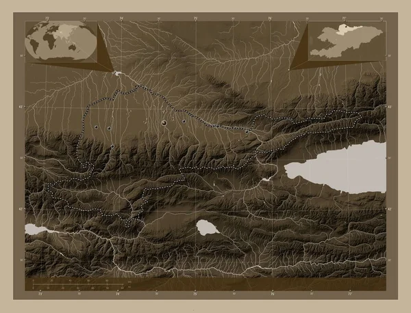 Чуй Провинция Киргизия Карта Высоты Окрашенная Сепиевые Тона Озерами Реками — стоковое фото