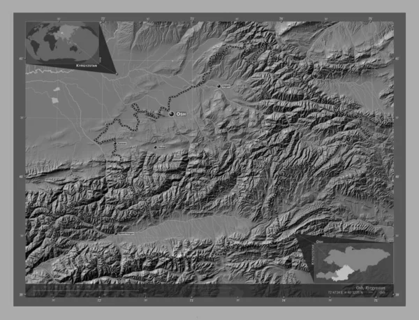 Osh Ciudad Kirguistán Mapa Elevación Bilevel Con Lagos Ríos Ubicaciones — Foto de Stock