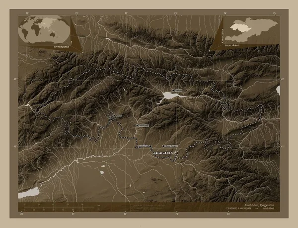 Jalal Abad Provincia Del Kirghizistan Mappa Elevazione Colorata Toni Seppia — Foto Stock