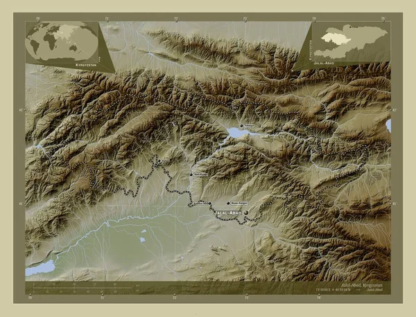 キルギス共和国のジャラル アバド県 湖や川とWikiスタイルで着色された標高マップ 地域の主要都市の位置と名前 コーナー補助位置図 — ストック写真
