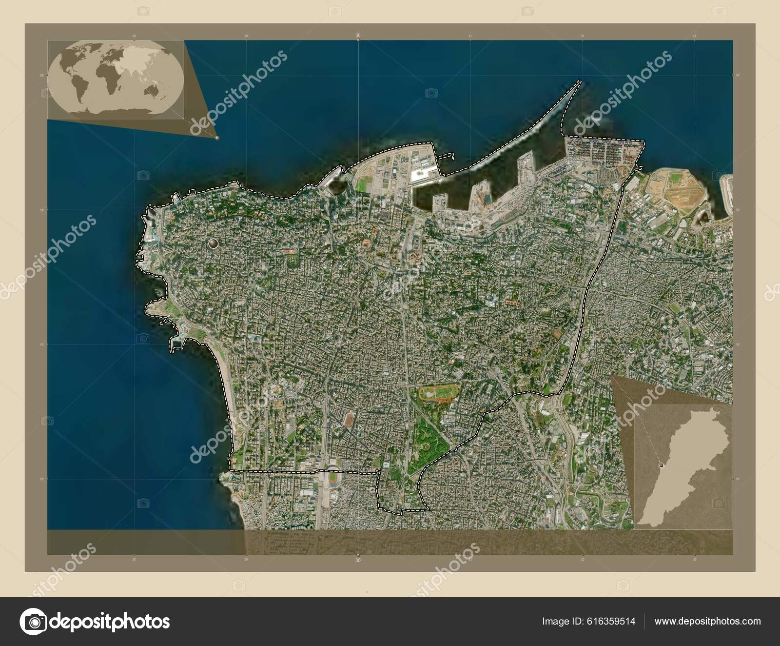 Бейрут Провинция Ливана Спутниковая Карта Высокого Разрешения.