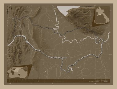 Vientiane Bölgesi, Laos Bölgesi. Yükseklik haritası sepya tonlarında göller ve nehirlerle renklendirilmiş. Bölgenin büyük şehirlerinin yerleri ve isimleri. Köşedeki yedek konum haritaları