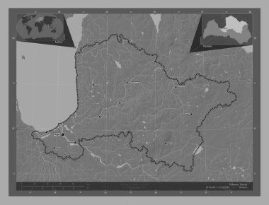 Vidzeme, Letonya vilayeti. Göllü ve nehirli çift katlı yükseklik haritası. Bölgenin büyük şehirlerinin yerleri ve isimleri. Köşedeki yedek konum haritaları
