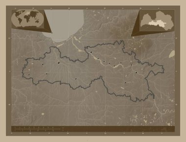 Zemgale, Letonya vilayeti. Yükseklik haritası sepya tonlarında göller ve nehirlerle renklendirilmiş. Bölgenin büyük şehirlerinin yerleri. Köşedeki yedek konum haritaları