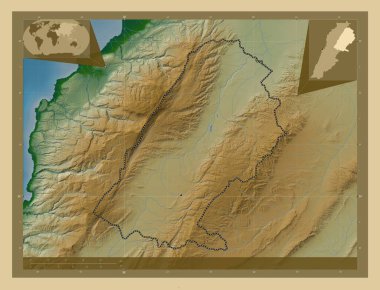 Baalbek-Hermel, Lübnan Valiliği. Gölleri ve nehirleri olan renkli yükseklik haritası. Bölgenin büyük şehirlerinin yerleri. Köşedeki yedek konum haritaları