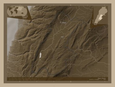 Bekaa, Lübnan Valiliği. Yükseklik haritası sepya tonlarında göller ve nehirlerle renklendirilmiş. Bölgenin büyük şehirlerinin yerleri ve isimleri. Köşedeki yedek konum haritaları