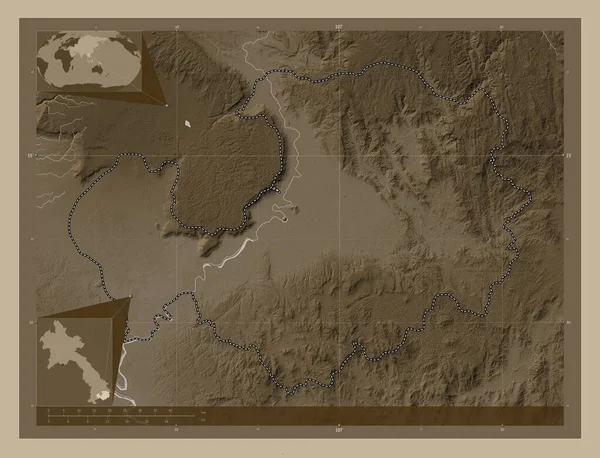 Attapu Provincie Laos Zdvihová Mapa Zbarvená Sépiovými Tóny Jezery Řekami — Stock fotografie