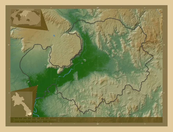 タタプ ラオスの州 湖や川と色の標高マップ コーナー補助位置図 — ストック写真