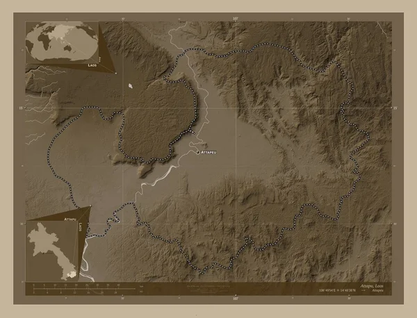 Attapu Επαρχία Λάος Υψόμετρο Χάρτη Χρωματισμένο Τόνους Σέπια Λίμνες Και — Φωτογραφία Αρχείου