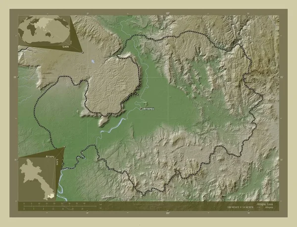 阿塔普省 老挝省 用Wiki风格绘制的带有湖泊和河流的高程地图 该区域主要城市的地点和名称 角辅助位置图 — 图库照片