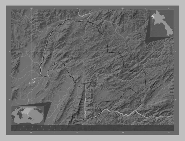 Bokeo Province Laos Grayscale Elevation Map Lakes Rivers Locations Major — Stock Photo, Image