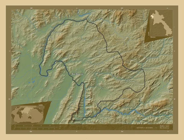 ラオスのボケオ州 湖や川と色の標高マップ 地域の主要都市の位置と名前 コーナー補助位置図 — ストック写真