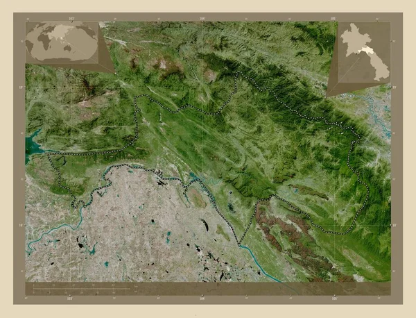 ラオスのボリカムサイ県 高解像度衛星地図 地域の主要都市の場所 コーナー補助位置図 — ストック写真
