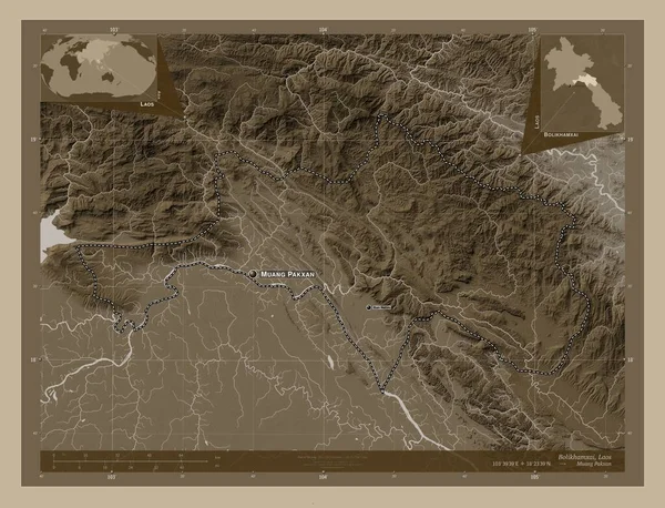 Bolikhamxai Провинция Лаос Карта Высоты Окрашенная Сепиевые Тона Озерами Реками — стоковое фото