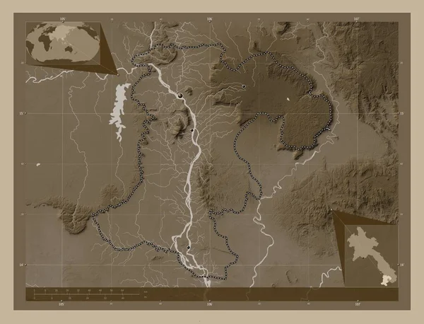 Champasak Provincia Laos Mapa Elevación Coloreado Tonos Sepia Con Lagos —  Fotos de Stock