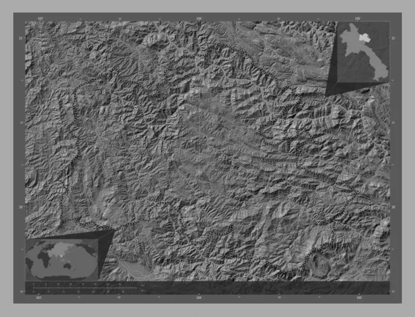 ラオスの州 フアパーン 湖や川と二階の標高マップ 地域の主要都市の場所 コーナー補助位置図 — ストック写真