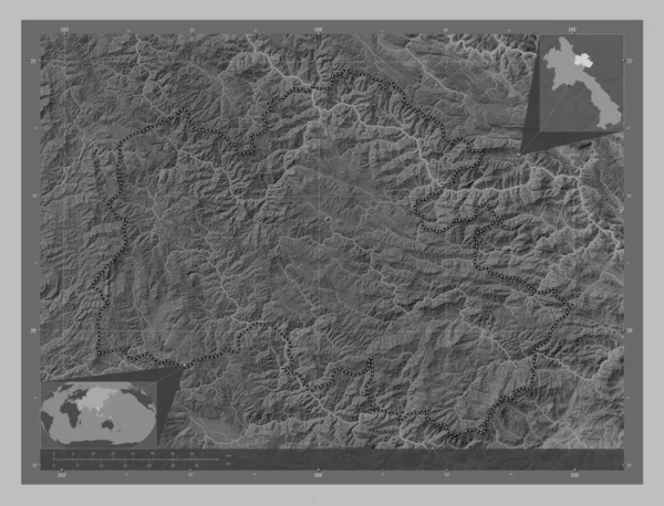 Houaphan Provincia Del Laos Mappa Elevazione Scala Grigi Con Laghi — Foto Stock