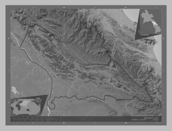 Khammouan Provincia Laos Mapa Elevación Escala Grises Con Lagos Ríos —  Fotos de Stock