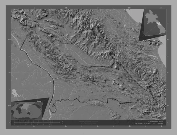 Khammouan Prowincja Laos Dwupoziomowa Mapa Jeziorami Rzekami Lokalizacje Nazwy Głównych — Zdjęcie stockowe