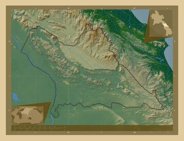 Кхаммуан Провинция Лаос Цветная Карта Высоты Озерами Реками Вспомогательные Карты — стоковое фото