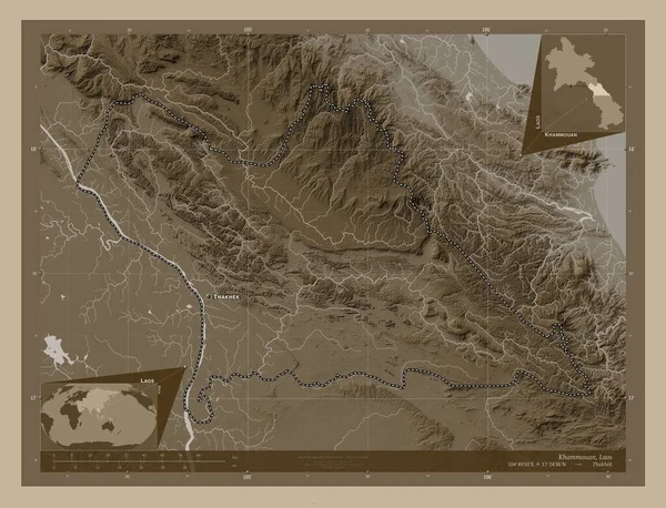 Khammouan Provincie Laos Zdvihová Mapa Zbarvená Sépiovými Tóny Jezery Řekami — Stock fotografie