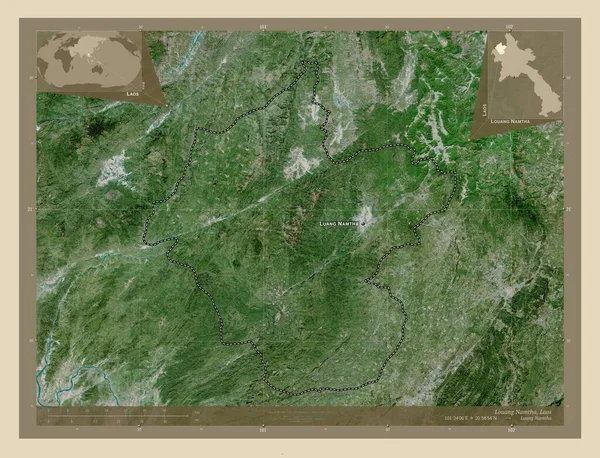 ラオスのルーアン ナムタ州 高解像度衛星地図 地域の主要都市の位置と名前 コーナー補助位置図 — ストック写真