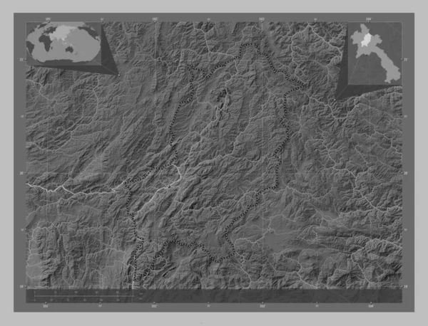 Louangphrabang Провінція Лаос Граймасштабна Мапа Висот Озерами Річками Кутові Допоміжні — стокове фото